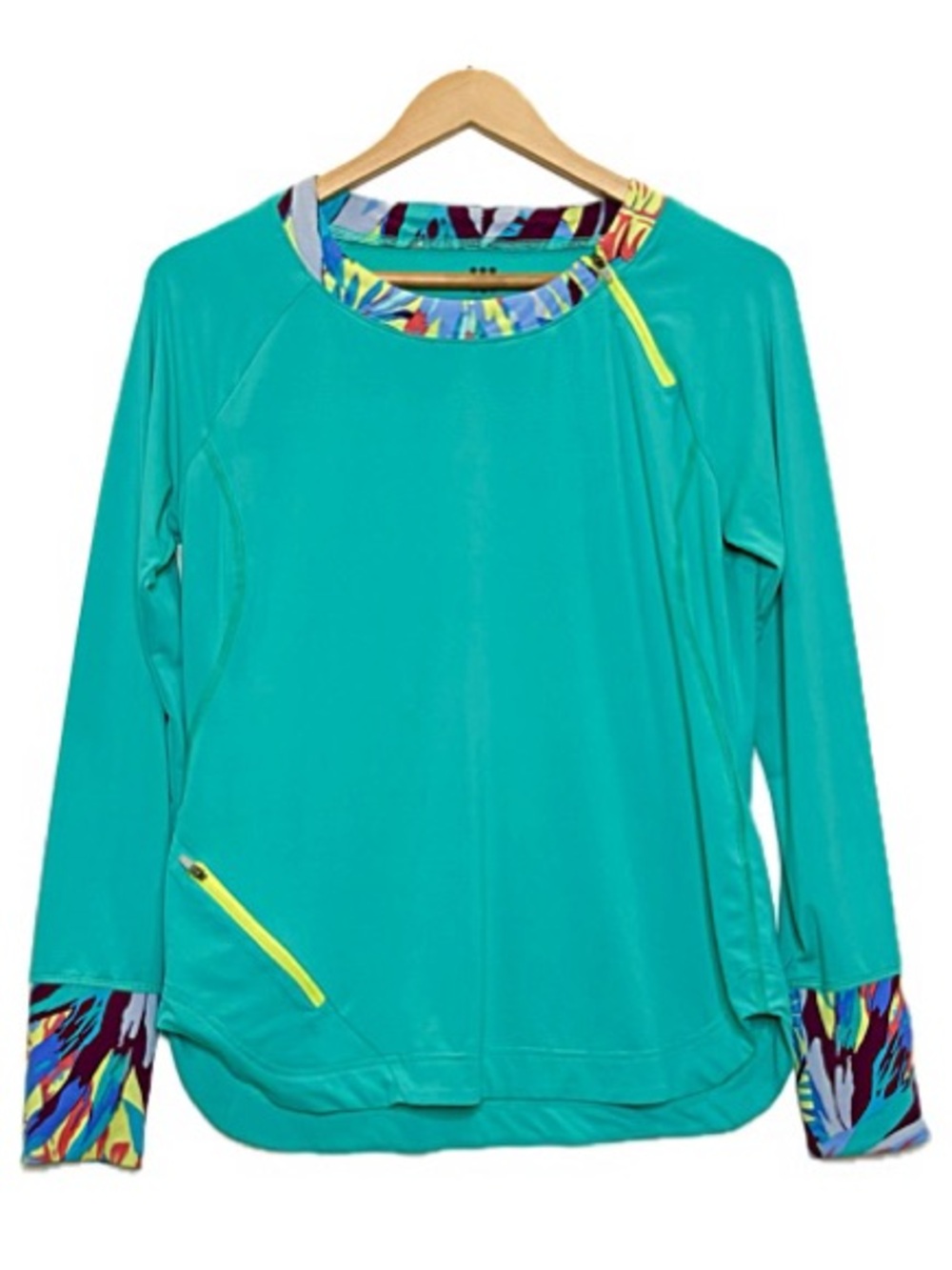 Title nine Tropical Print Trim Long Sleeve Top Womens Size M Teal Zipper Pocket